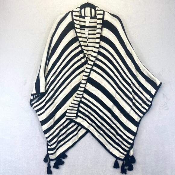 Chico's Open Front Poncho Knit Poncho Sweater One Size Cape Tassels Striped OSFA - Picture 1 of 12